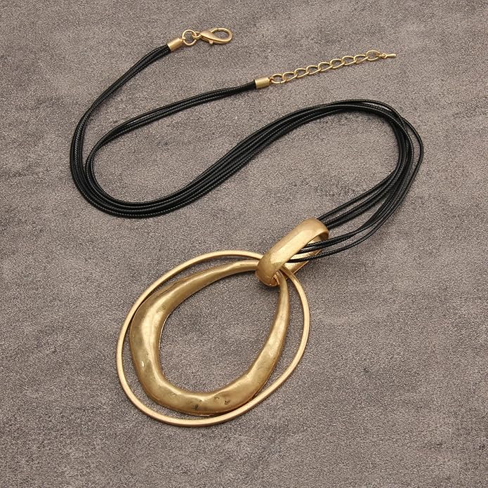 GelConnie Leather Necklace for Women Large Pendant Long Brown Necklace Circle Leather Choker Vintage Sweater Necklace Gold Chunky Boho Necklaces for Women