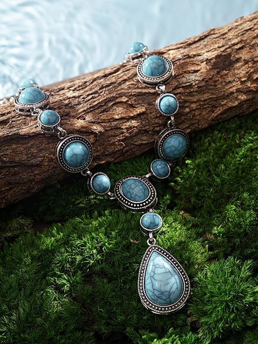 MINACHI Bohemian Created Turquoise Beaded Y-Necklace, Turquoise-toned Multi-shaped Pendant, Dainty Elegant Jewelry for Women