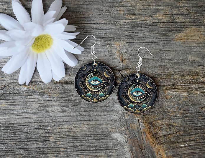 Round Wood Earrings Light Weight Printed Image Dangle Jewelry