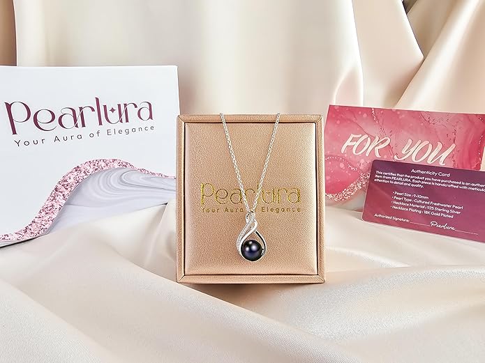 Black pearl necklace for women (Natural AAA+ 9mm) - Wedding anniversary's gift for wife (18k gold platted 925 sterling Silver)- christmas gifts for wife - Real pearls necklace for women - black pearls necklace - pearl pendant