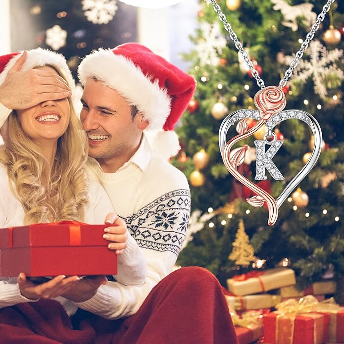 Iefil Valentines Day Gifts for Her - 925 Sterling Silver Rose Heart Initial Necklace, Anniversary Birthday Gifts for Women, Jewelry Gift for Her Wife Girlfriend