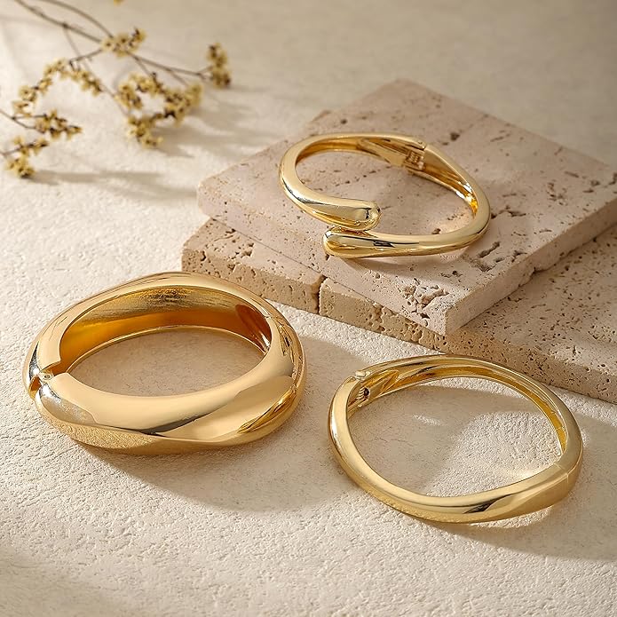 2/3/6pcs Chunky Gold Bangle Cuff Bracelets for Women, Dainty 14K Gold Plated Stackable Bangles Bracelet Set Jewelry Gift