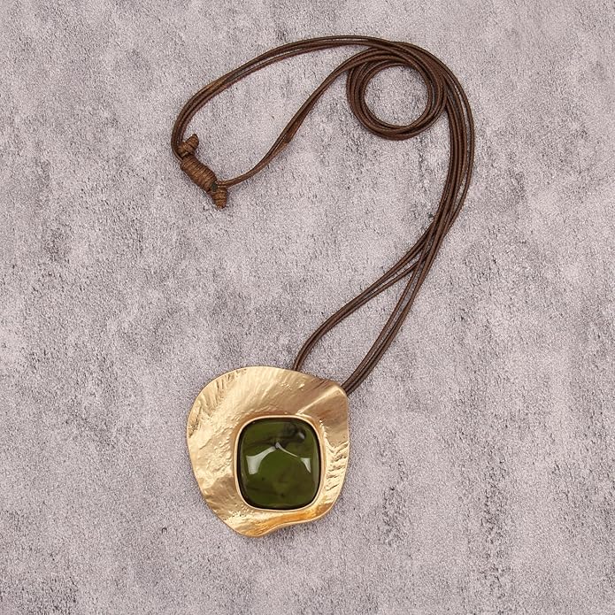 GelConnie Leather Necklace for Women Large Pendant Long Brown Necklace Circle Leather Choker Vintage Sweater Necklace Gold Chunky Boho Necklaces for Women