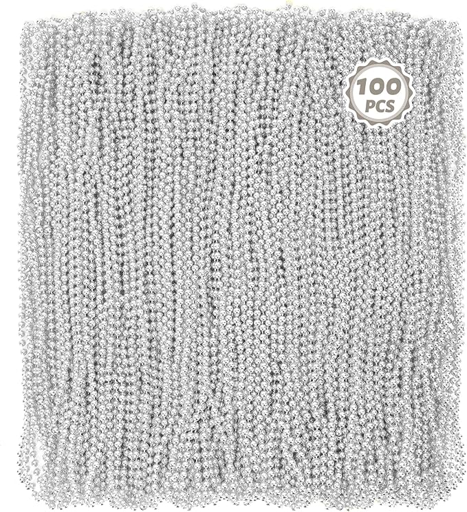 100 PCS Mardi Gras Beads Bulk, 33" Round Xmas Beaded Necklaces, Metallic Christmas Beads, Parade Throw Accessories Set for Festive Event Carnival Party Supplies Favors