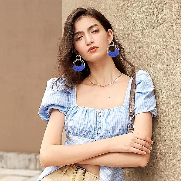 Raffia Hoop Earrings for Women Fun Boho Summer Beach Earrings Lightweight Handmade Straw Wicker Rattan Dangle Earrings Statement Geometric Round Drop Earrings