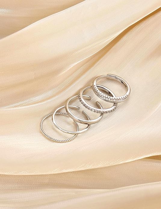 Jstyle Gold Stackable Rings for Women Non Tarnish Open Adjustable Rings Cubic Zirconia Thin Thumb Silver Ring Set 14K Gold Filled Pinky Knuckle Stacking Set - Dainty Statement Promise Band Ring Sets
