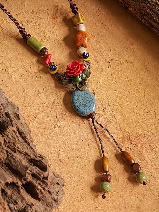 MINACHI Vintage Bohemian Hippie Ceramic Beads Crescent Moon Lariat Necklace, Boho Hippie Statement Jewelry Gift for Women
