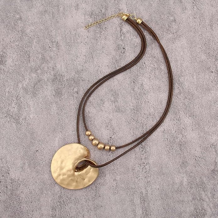 Boho Necklaces for Women Chunky Circle Necklace Layered Boho Circle Leather Choker Necklace Long Vintage Necklaces Bohemian Jewlery Gifts