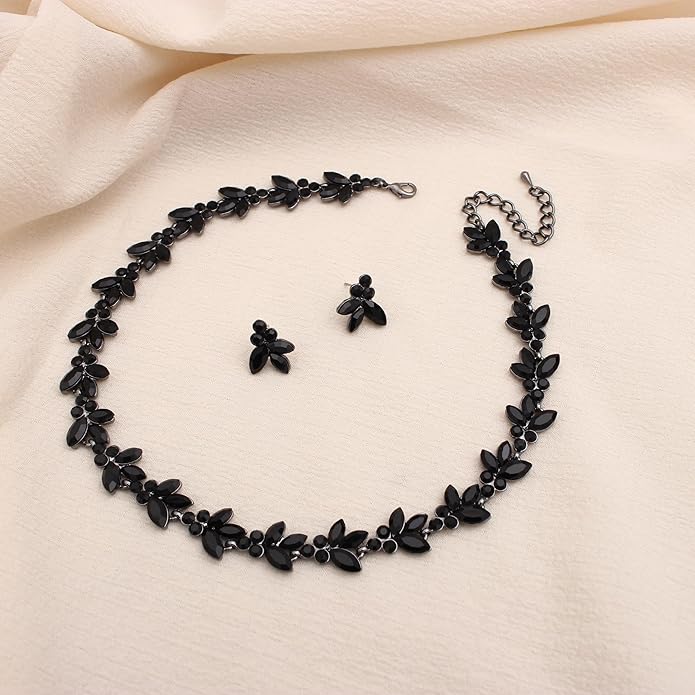 Bridal Wedding Crystal Leaf Choker Necklace Dangle Earring Bracelet Brides Bridesmaid Jewelry Set for Women