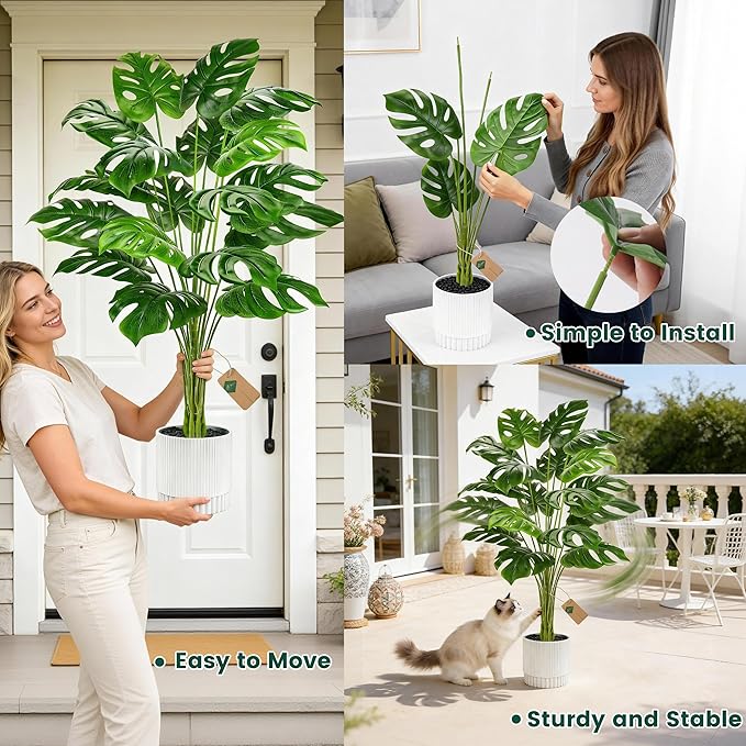 Der Rose 44" Artificial Plants Indoor, Monstera Floor Plant in White Pot | - Image 4