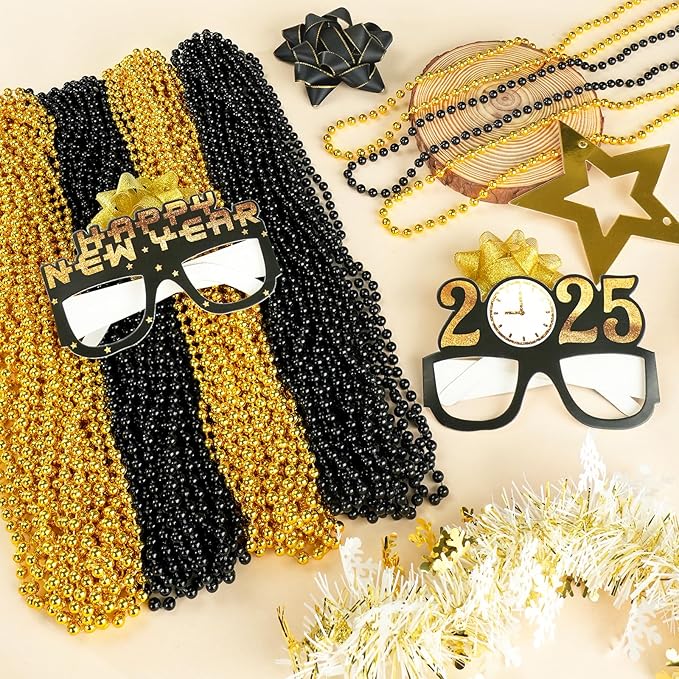 YAXINRUI 144 PCS Gold Black New Year Necklaces, New Year Bead Party Favors, Happy New Year Necklace, 33‘’ Gold Black Beaded Necklaces for 2026 New Years Eve Christmas Halloween Festive Events