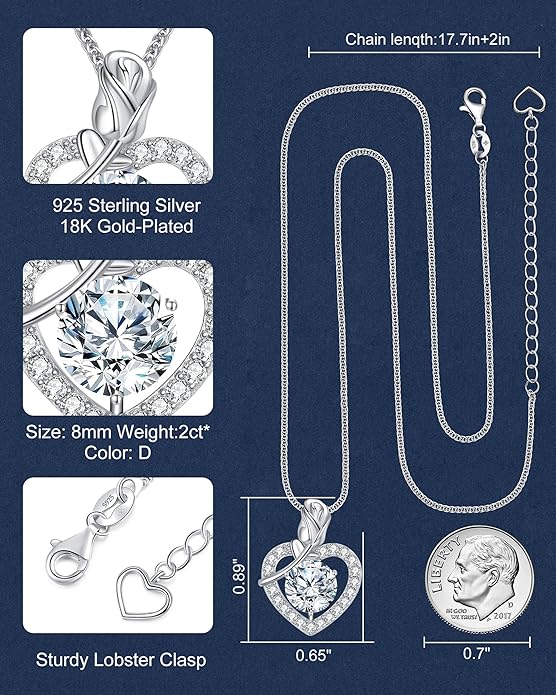 Rose Heart Pendant Necklace for Wife, 2-4 Carat Moissanite 925 Sterling Silver Necklace, Wedding Anniversary Present or Birthday Christmas Valentines Day Jewelry for Wife Her Girlfriend Mom Daughter
