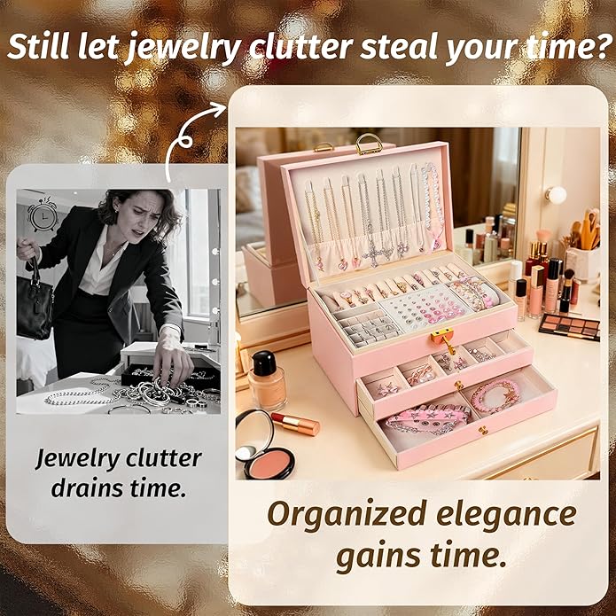 SMUOBT Jewelry Box with Jewelry Set for Women Men - Large Multi-Layer Jewelry Organizer Storage Case with Drawers, Necklace Bracelet Hoop/Stud Earrings Rings Gift Set for Her Him, Unique Birthday Party Gift (Gold/Black Silver)