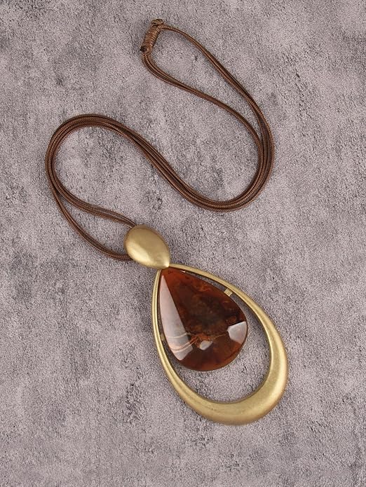 GelConnie Leather Necklace for Women Large Pendant Long Brown Necklace Circle Leather Choker Vintage Sweater Necklace Gold Chunky Boho Necklaces for Women