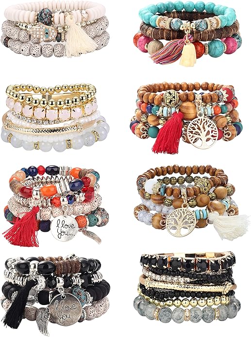 LOYALLOOK 8 Sets Bohemian Stackable Bead Bracelets for Women Stretch Multilayered Boho Stackable Bracelets Stack Beads Multicolor Beaded Strand Bangle Charm Bracelets Boho Tassel Bracelet Set Handmade