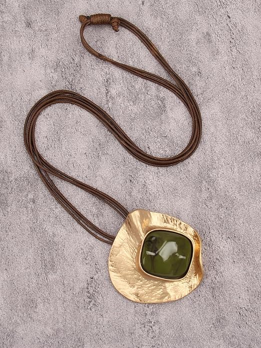 GelConnie Leather Necklace for Women Large Pendant Long Brown Necklace Circle Leather Choker Vintage Sweater Necklace Gold Chunky Boho Necklaces for Women