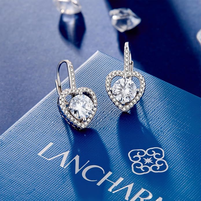 Moissanite Earrings, White Gold Plated Soild Sterling Silver Dangle Earrings 1.0ct-2.0ct D Color Brilliant Round Cut Lab Created Moissanite French Leverback Drop Earring for Women
