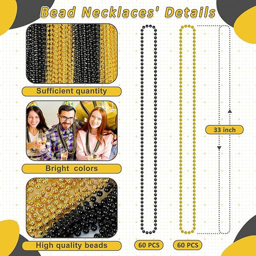 120 PCS New Years Beaded Necklace, 33 IN Mardi Gras Beads, Blackgold Mardi Gras Accessories, Bead Necklace Throw Beads Bulk for Party Parade New Years Eve Party Supplies Favors Decor