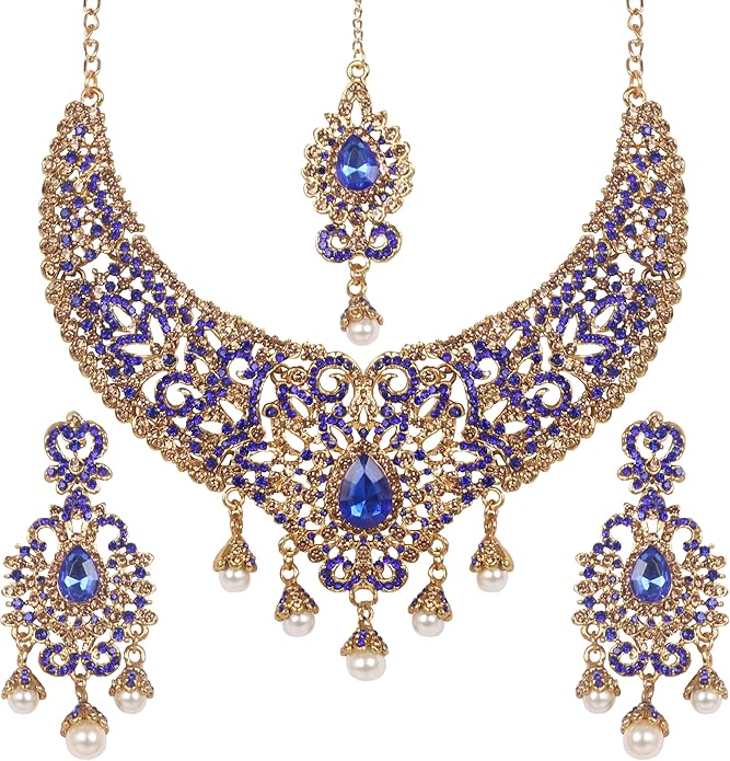 Touchstone Indian jewelry sets for women tikka wedding necklace costume guest statement bollywood rhinestones crystal faux pearls gold big royal neck piece set bridal fashion accessories