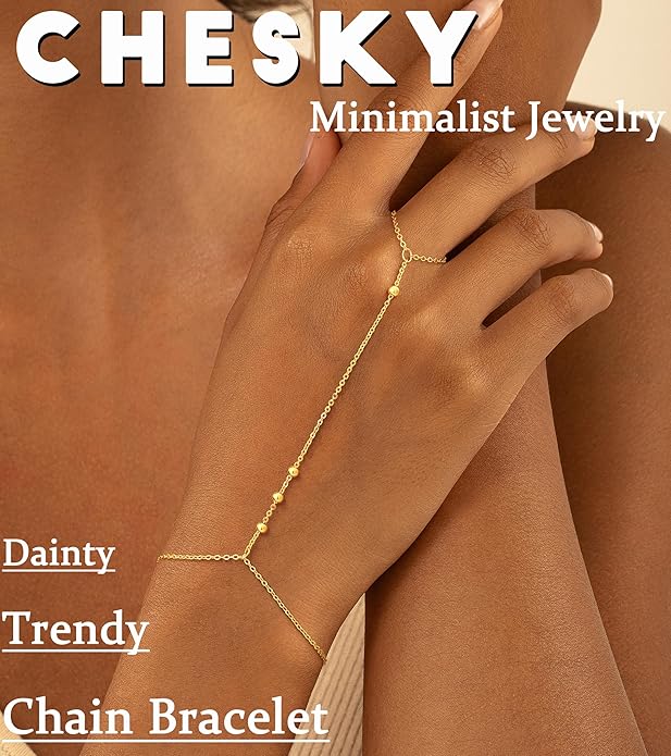 CHESKY 14K Gold Plated Hand Chain Bracelets for Women Set - Dainty Finger Ring Bracelet Stack Adjustable Hand Chains Durable Beaded Bracelets Trendy Simple Body Jewelry Gift for Women