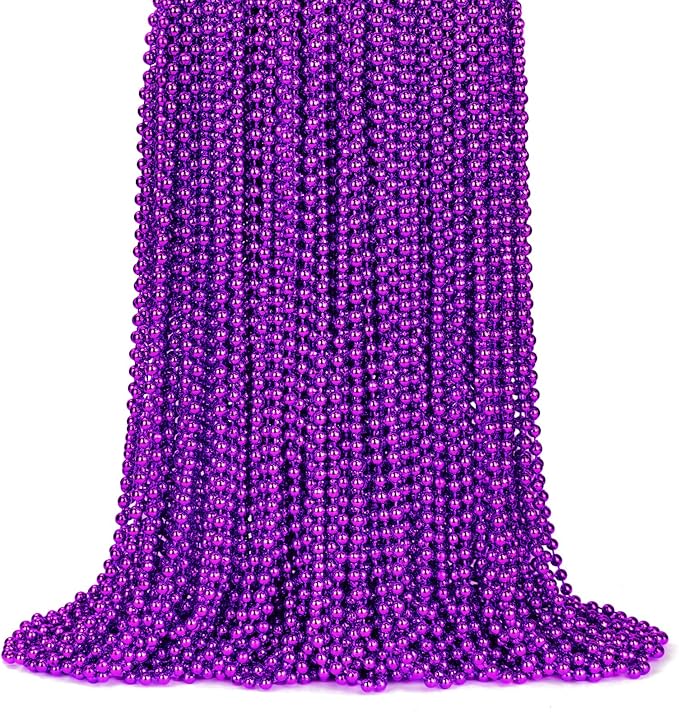 ZYFLSQ 100 Pcs 33" 7mm Metallic Purple Beads Necklaces, Bulk Mardi Gras Beaded Necklaces, Party Beads Costume Necklaces (Purple)