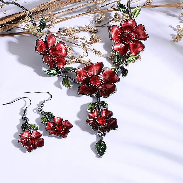 AMYJANE Vintage Statement Jewelry Set - Spring Leaf Flower Floral Plant Necklace Earring Set Crystal Rhinestone Fashion Costume Jewelry for Women Prom Party Unique Gift