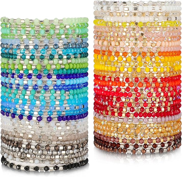 Kigeli 60 Pcs Bohemian Beaded Bracelets for Women Stackable Multi Layer Statement Sparkly Bulk Colorful Boho Crystal Stretchy Bracelet Set Jewelry Gifts