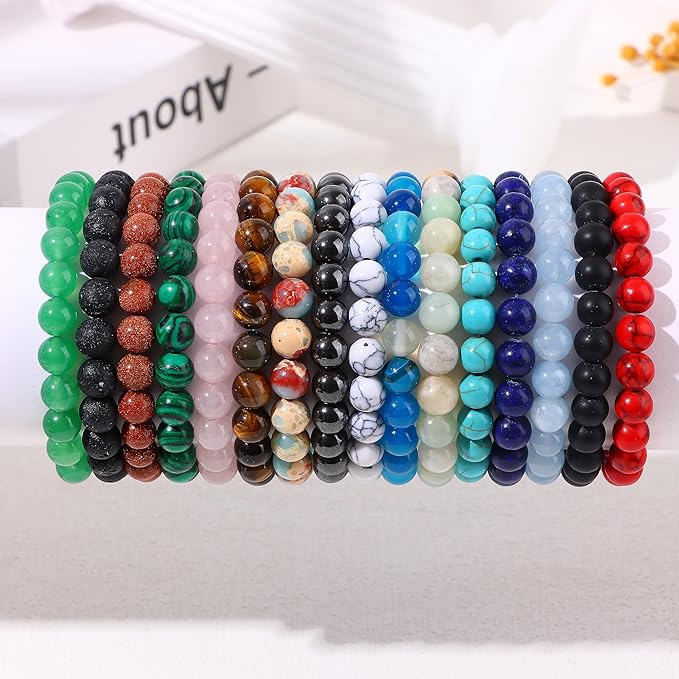 FIRAZIO 16PCS Semi-Precious Gemstone Bracelet - Crystal Stone Beaded Bracelets for Women Men 8mm Round Beaded Stretch Bracelets Unisex Yoga Bracelets Gifts (16Pcs)