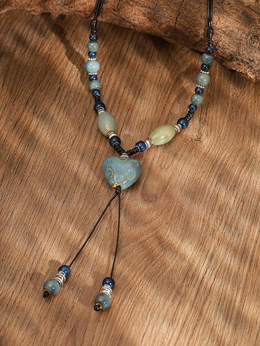 MINACHI Boho Hippie Colorful Ceramic Heart Bead Strand Necklace, Bohemian Summer Statement Jewelry Gift for Women
