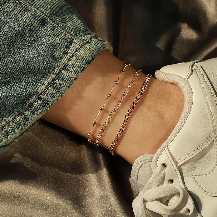 MIDEEO Gold/Silver Ankle Bracelets for Women,14K Gold Anklets for Women Waterproof Cuban Link Heart Beads Herringbone Rhinestone Anklets Set Layered Anklet Bracelets for Women Gold Jewelry Gift