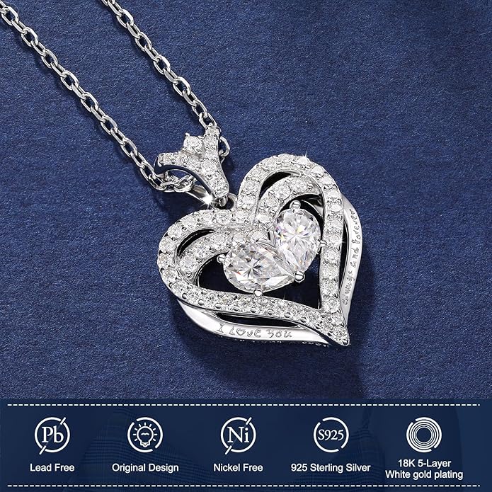Moissanite Heart Necklace Gifts for Women, Engraved 'I LOVE YOU' Gift for Her, 18K Gold Vermeil 925 Sterling Silver Dainty Pendant Eternity Love Jewelry Gifts for Christmas, Anniversary, Birthday, Wedding - to My Wife, Mom