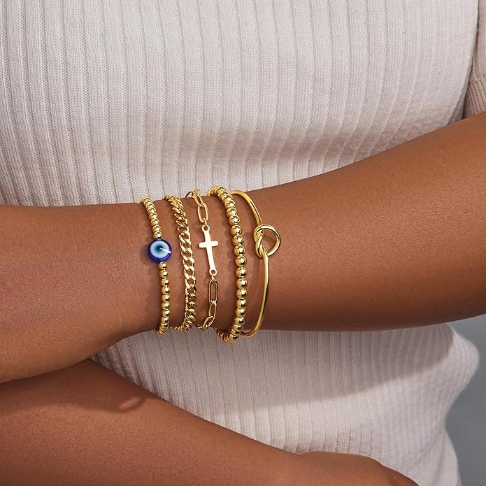 Gold Bracelets Set for Women Stack, Dainty Thick Bracelets Stack for Women Trendy, Simple Thin Gold Plated Cuff Stackable Bracelets With Beaded Cuban Paperclip Snake Rope Bangle Hand Chain Jewelry Gifts for Women Non Tainish