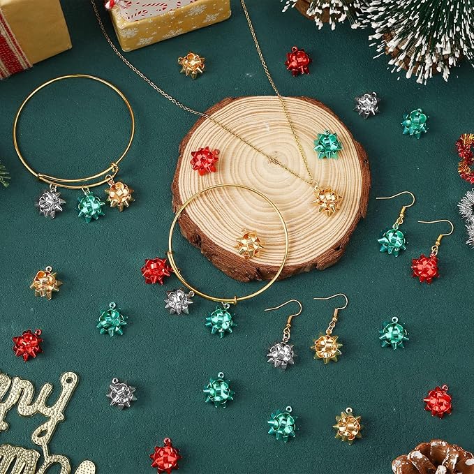MARFOREVER 40 Pcs/20 Pairs Christmas Charms for Jewelry Making, Christmas Bow Charms Red Green Gold, Silver Mini Gift Bow Charm Holiday Xmas Bangle Pendants for Bracelet Necklace Earrings Making