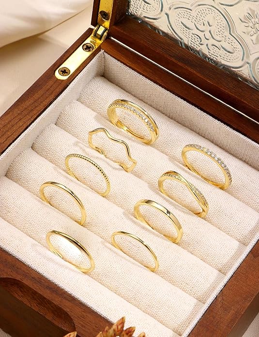 Jstyle Gold Stackable Rings for Women Non Tarnish Open Adjustable Rings Cubic Zirconia Thin Thumb Silver Ring Set 14K Gold Filled Pinky Knuckle Stacking Set - Dainty Statement Promise Band Ring Sets