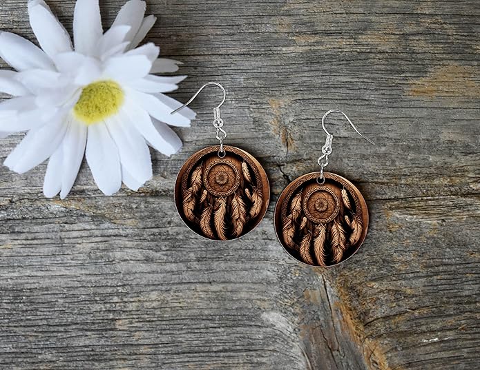 Round Wood Earrings Light Weight Printed Image Dangle Jewelry