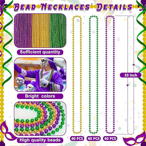 120PCS Mardi Gras Beads, 33" Beaded Necklace, Purple Gold Green Mardi Gras Accessories, Party Costume Necklaces Parade Throws Women Men Beads Bulk for Party Event Favors Supplies Decorations
