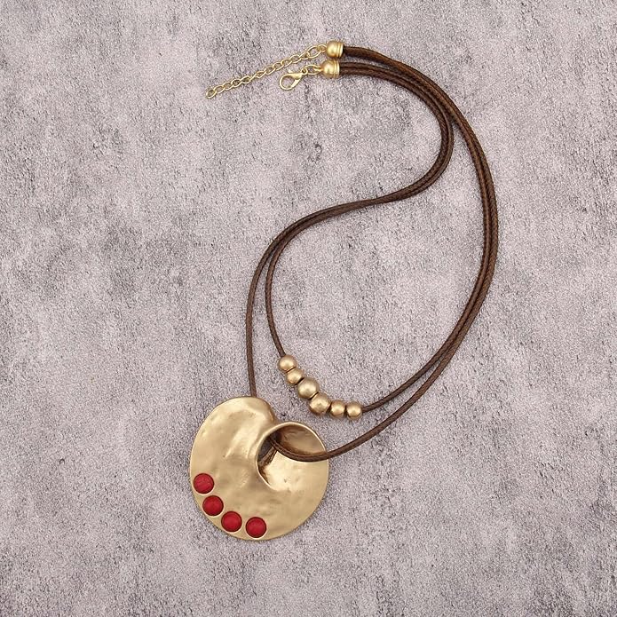 Boho Necklaces for Women Chunky Circle Necklace Layered Boho Circle Leather Choker Necklace Long Vintage Necklaces Bohemian Jewlery Gifts