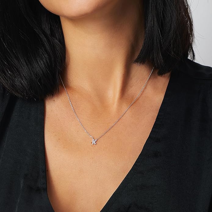 JTV Sterling Silver Initial Necklace for Women, 0.13 CTW White Cubic Zirconia Letter Pendant, Rhodium-Plated, Personalized Monogram Jewelry, Gift Box Included, 18”