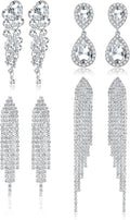 THUNARAZ 4 Pairs Silver Clip on Earrings for Women, Sparkly Rhinestone Tassel Chandelier Teardrop Dangle Earrings for Brides Bridesmaids Non Pierced Prom Jewelry Set
