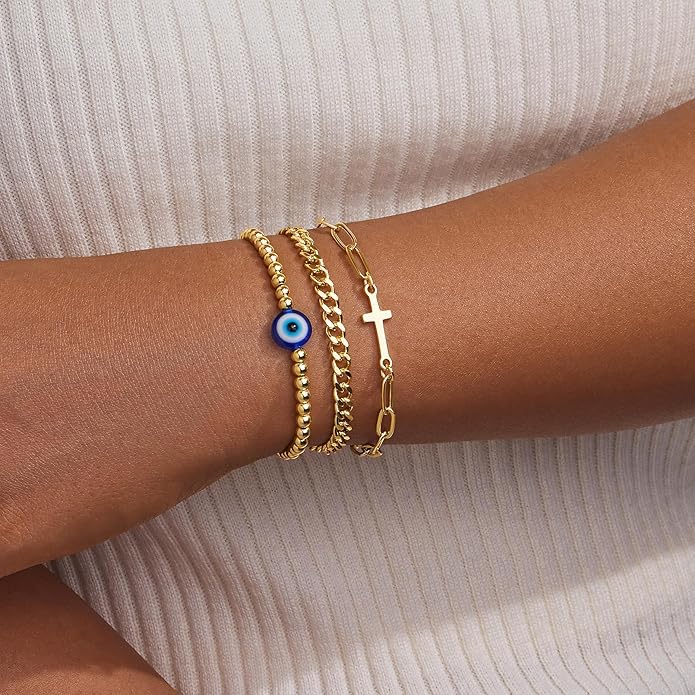 Gold Bracelets Set for Women Stack, Dainty Thick Bracelets Stack for Women Trendy, Simple Thin Gold Plated Cuff Stackable Bracelets With Beaded Cuban Paperclip Snake Rope Bangle Hand Chain Jewelry Gifts for Women Non Tainish
