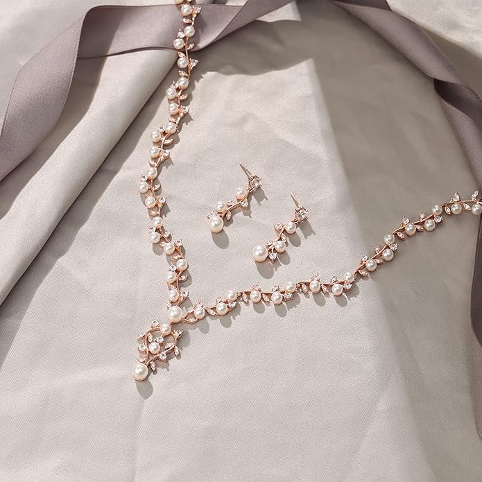 EVER FAITH Bridal Cubic Zirconia Jewelry Sets for Women, White Simulated Pearl Leaf Vine Pendant Wedding Party Necklace Earrings Set for Bridesmaid Bride