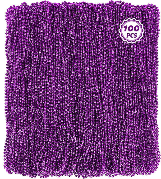 100 PCS Purple Beads Necklaces, Mardi Gras Beads, 33" Round Beaded Bulk Parade Throw Accessories Set, Beads For Carniaval Festive Celebrations Party