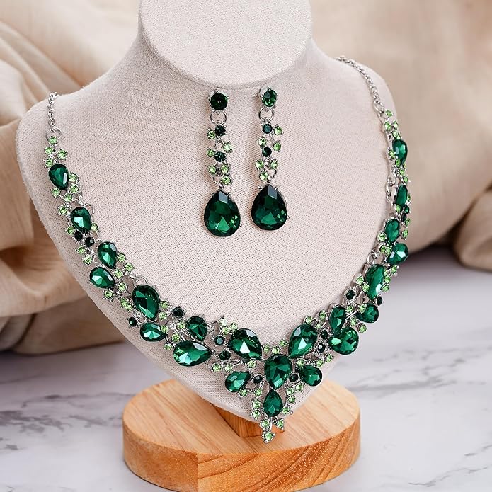 BriLove Women's Wedding Bridal Austrian Crystal Teardrop Cluster Statement Necklace Dangle Earrings Jewelry Set