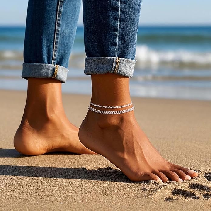 DEARMAY Dainty 14K Gold Plated Ankle Bracelets for Women, Waterproof 14K Gold Plated Link Chain Anklets Non Tarnish Set Pack Summer Beach Jewelry Gift
