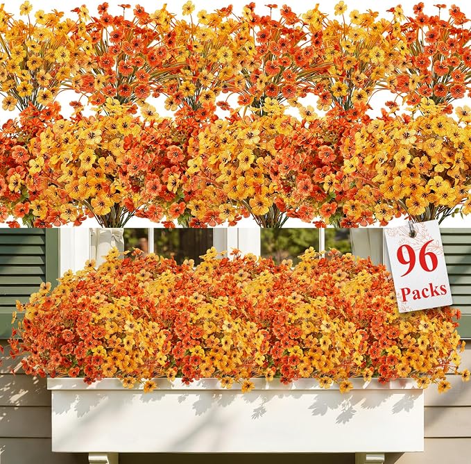 Alupssuc 96 Bundles Artificial Fall Flowers, UV Resistant Faux Mums Porch | by Alupssuc