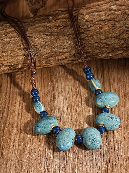MINACHI Bohemian Hippie Colorful Ceramic Geometric Bead Strand Necklace, Vintage Boho Statement Jewelry Gift for Women