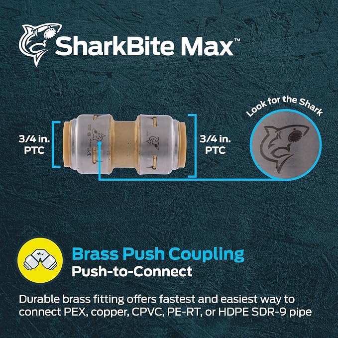 SharkBite Max 3/4 Inch Coupling, Push to Connect Brass Plumbing Fitting - Image 2