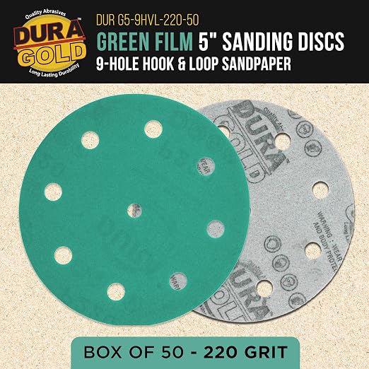 Dura-Gold Premium 220 Grit 5" Green Film Sanding Discs, 9-Hole Pattern - Image 2