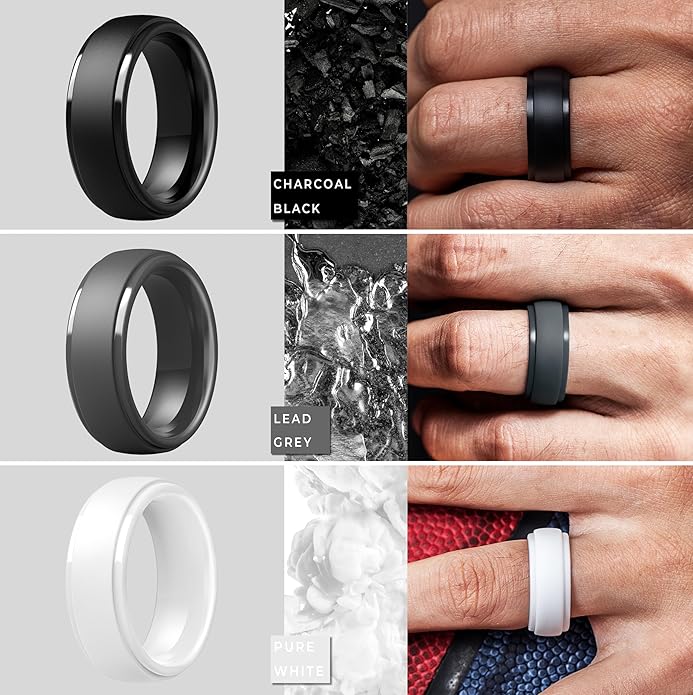 ThunderFit Silicone Rings for Men - 7 Rings / 4 Rings / 1 Ring Step Edge Rubber Wedding Bands 10mm Wide - 2.5mm Thick