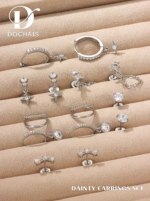 Dochais Flat Back Cartilage Earrings for Women Trendy Dainty CZ Flatback Studs Earing Sets 14k Gold Plated Hypoallergenic Huggie Hoops Earring Stacks for Multiple Piercing